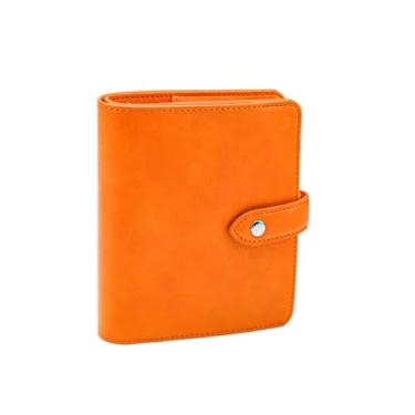 Imagem de XiowDow Carteira de enchimento de dinheiro A7 fichário laranja mini planejador de couro PU pequena capa para notebook 6 anéis, organizador de dinheiro, fecho de pressão para bolsa, papel de enchimento