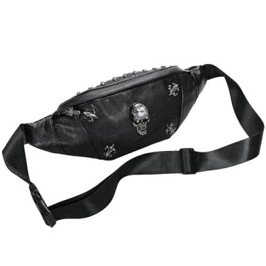 Imagem de Pochetes de couro para mulheres, bolsa de cintura de couro moderna, pochete preta, design de caveira, bolsas de bumbum para mulheres, bolsa de cinto transversal, mochila de cintura para festivais de