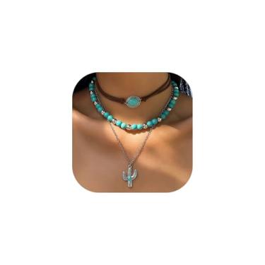 Imagem de CSIYANJRY99 Colares ocidentais em camadas para mulheres, vintage, turquesa, miçangas, joias ocidentais para mulheres, corrente cruzada, cacto com cabeça de boi, colares de corrente cruzada, concerto,