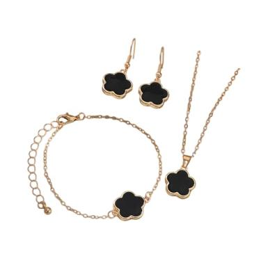 Imagem de Conjunto de colar e pulseira de flores multicoloridas, conjunto de joias de flores de trevo de cinco folhas para presente feminino, Zinco, Sem Pedra Preciosa