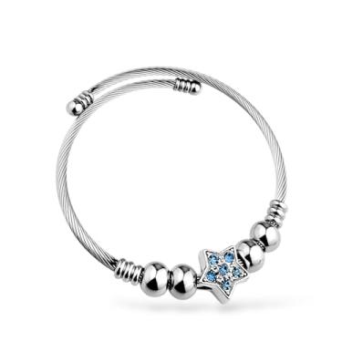 Imagem de Pulseira Bracelete com Berloques Estrela Cravejada na cor Prata em Aço inox 316l Antialérgico Hipoalérgico Estrela Pingente (Azul)