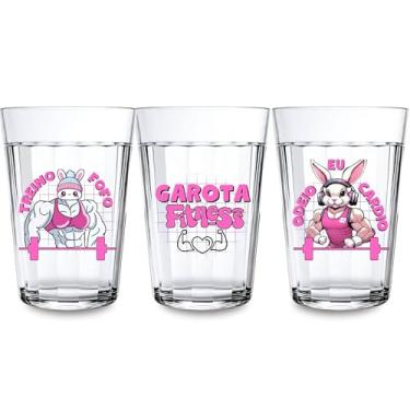 Imagem de Jogo 3 Copos Americano Estampa Treino Fofo Eu Odeio Cardio Garota Fitness Rosa Vidro 190ml Presente Frases Meme Academia Fitness