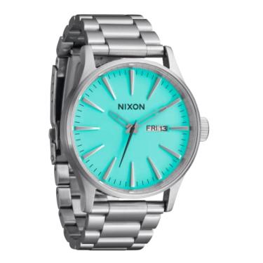 Imagem de Nixon Relógio masculino Sentry SS de aço inoxidável dia/data, 42 mm, WR, 100 metros, A356, Prata/Turquesa, One Size, Clássico