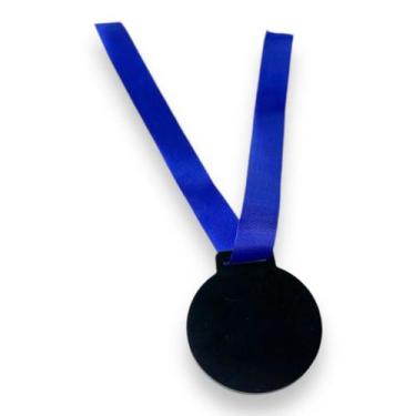 Imagem de 50 Medalhas Redondas 5cm Acrílico Preto 2mm C/ Fita Azul - CNC Sorocab