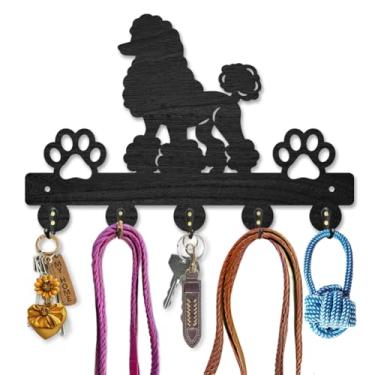 Imagem de MAYJOYDIY Porta-chaves de madeira para cães Poodle para parede, patas de cachorro, ganchos montados na parede, 11,8 x 7,20 cm, cabide com 5 ganchos de liga para entrada, porta da frente, cozinha,