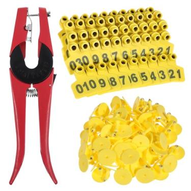 Imagem de Etiquetas de orelha de gado numeradas 001-100 com alicate, etiqueta de orelha de animal de plástico para vacas, cabras, ovelhas, porcos, etiqueta de brinco de identificação animal