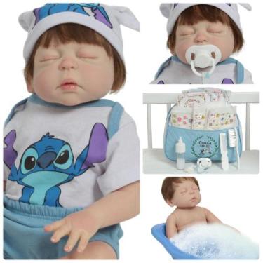 Imagem de Boneco Reborn Masculino Fio a Fio Roupa Stitch Bolsa Itens - Cegonha R
