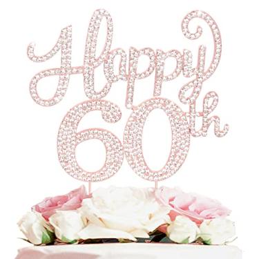 Imagem de LASKYER Decorações de festa de aniversário de 60 anos, Happy 60th Rose Gold Rhinestone Cake Topper Centerpieces - Cheers to Sessenta Years Old Bday Anniversary Party.