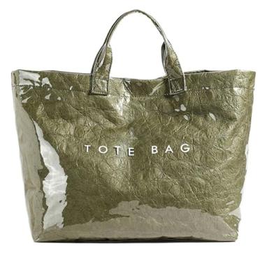 Imagem de OWGSEE Sacola de PVC para mulheres, cor sólida, grande, com estampa de letras, sacola de papel kraft, bolsa de plástico transparente com alça superior, Verde A, Large