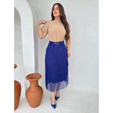 Imagem de Saia Rodada Midi Soltinha com Babado Camadas em Tule - Fashion, Azul r