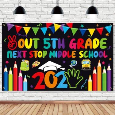 Imagem de Decorações de formatura da 5ª série 2025, 5ª série de formatura pano de fundo para fotos de cabine de fotos, Peace Out 5th Grade Next Stop Middle School Banner, 114 x 199 cm PO5B