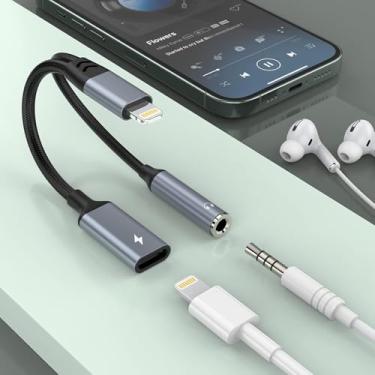 Imagem de Lightning 2 em 1 para conector de fone de ouvido de 3,5 mm e adaptador de cabo de carregador, 【Certificado Apple MFi】 Divisor conversor de fones de ouvido suporta música + carregamento + HiFi +