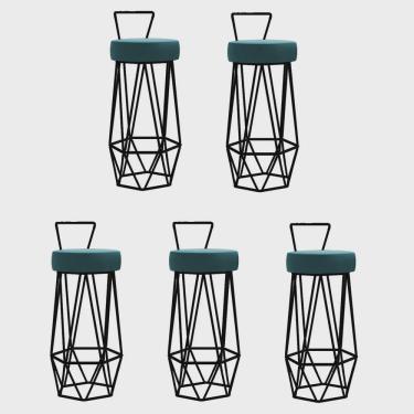 Imagem de Kit 05 Banqueta Com Encosto Botti Hexágono Cozinha Bar Ferro Preto Suede Azul Turquesa - Ahz Móveis
