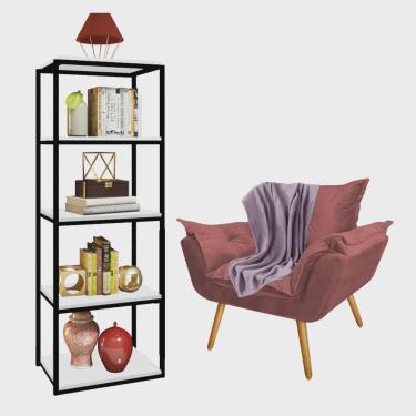 Imagem de Kit Poltrona Fatte com Manta Soft Lilás e Estante Livreiro Ferro Preto mdf Branco Suede Rose Gold - Ahazzo Móveis