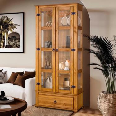 Imagem de Cristaleira Rústica Madeira Maciça 2 Portas Vidro Lateral Mel D106VL Denk