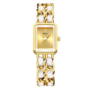 Imagem de Gosasa Relógio feminino elegante com corrente trançada, pulseira quadrada, retrô, minimalista, analógico, quartzo, à prova d'água, relógio feminino, Ouro branco 01, Elegante