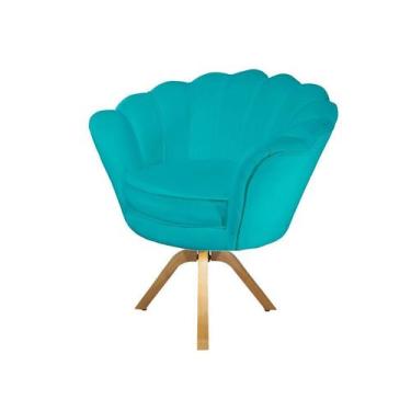 Imagem de Poltrona Decorativa Pétala Base Giratória Madeira Suede Azul Turquesa 