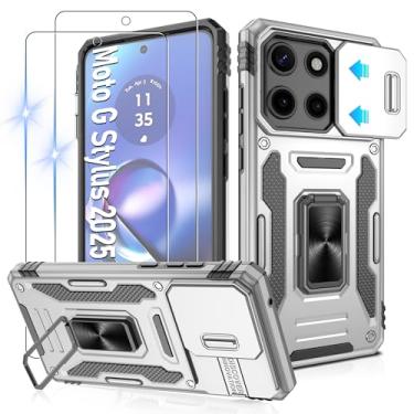 Imagem de Gritup Capa para Moto G Stylus 5G 2025 com capa de câmera deslizante | Pacote com 2 protetores de tela HD | Suporte de metal giratório de 360° | Proteção à prova de choque de grau MIL-(padrão militar