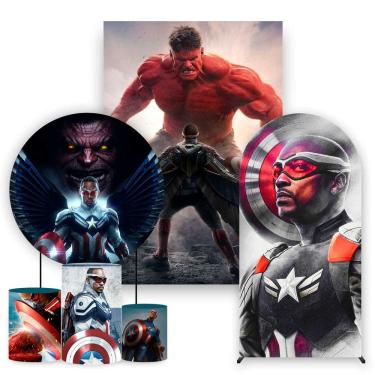 Imagem de Kit Painel de Festa Redondo, Trio de Cilindros, Painel Lateral e Romano Novo Capitão América - Fera Print