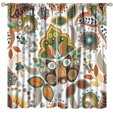 Imagem de Cortinas florais boho, flores coloridas vintage de meados do século, decoração de casa para quarto, sala de estar, cozinha, janela, 2 painéis, conjunto de 2 painéis, tamanho total 107 cm L x 114 cm C