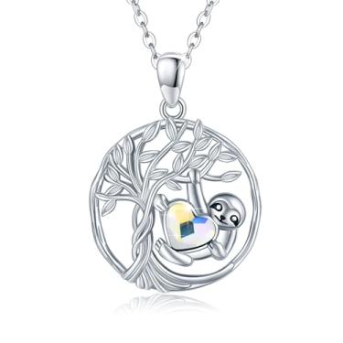 Imagem de Colar de árvore da vida preguiça para o dia das mães prata esterlina 925 preguiça árvore da vida colares com pingente de cristal azul joia animal fofa joia de dia das mães aniversário presente de