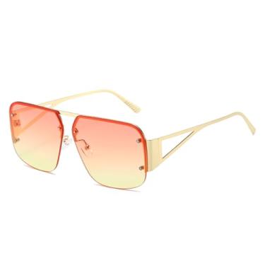 Imagem de Azoxus Óculos de sol feminino moderno aviador grande masculino retrô de metal sem aro armação quadrada UV400, Rosa, amarelo, Large