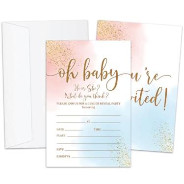 Imagem de Oh Baby, He or She? Convites de revelação de gênero, convite dourado e glitter para chá de bebê, convite azul e rosa, 20 convites de preenchimento dupla face com envelopes suprimentos de festa de
