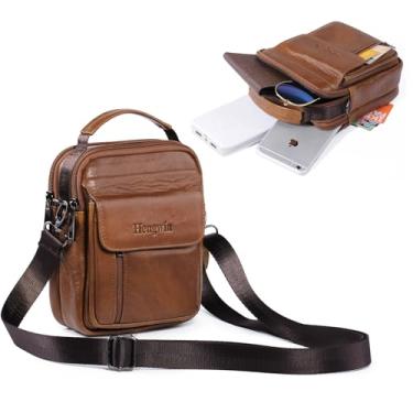 Imagem de hengwin Bolsa de telefone de couro genuíno para cinto, coldre para celular com passador de cinto, bolsa transversal, bolsa de ombro, pochete, Café, Tendência