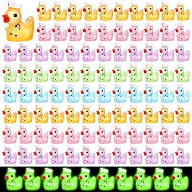 Imagem de Gemscream 100 peças de mini pato de resina luminosa com chapéu figuras de pato em miniatura que brilham no escuro patos minúsculos coloridos para paisagem, jardim, vasos de plantas, decoração de festa