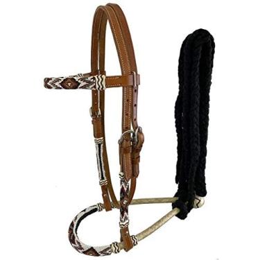 Imagem de Showman Cabeçote bosal de couro com design de contas do sudoeste e rédeas pretas de mecate, cavalo de tamanho médio