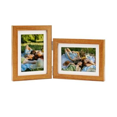 Imagem de SaZiCat Moldura com dobradiça dupla, 12 x 18 cm, vidro temperado, mesa ou parede, para fotos de 10 x 15 x 18 cm (com/sem tapete), marrom rústico, para fotos de família e memórias de casamento-Z5775