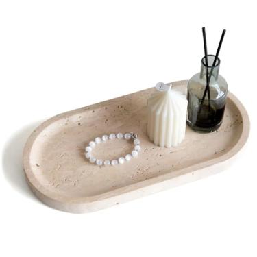 Imagem de S310 Bandeja oval de travertino natural, bandeja decorativa de mármore de 30 cm para bijuterias de perfume, bandejas de pedra de vaidade para organizador de bancada de banheiro, decoração de casa