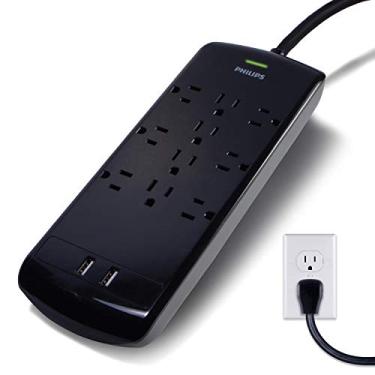 Imagem de Philips 10 Tomadas, 2 portas USB, cabo de extensão de 6 pés, tira de energia, 2880 Joules, 2,4 AMP/12 Watt, 6 tomadas espaçadas com adaptadores, plugue liso, montagem na parede, ETL listado, preto, SPP6710BC/37
