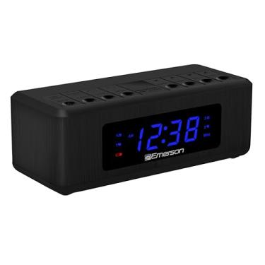 Imagem de Emerson Rádio despertador duplo AM/FM com visor LED azul de 1,5 cm, bateria de reserva, memória automática, regulador de intensidade de 4 níveis e alarme de despertar para rádio/campainha, preto