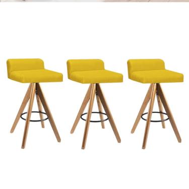 Imagem de Kit 03 Banqueta Alta Com Encosto Giratória Aurea Madeira Balcão Bistrô Cozinha Corino Amarelo