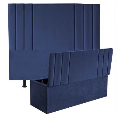 Imagem de Kit Cabeceira Estofada E Calçadeira Baú Recamier Grécia 160Cm Queen Size Suede Azul Marinho