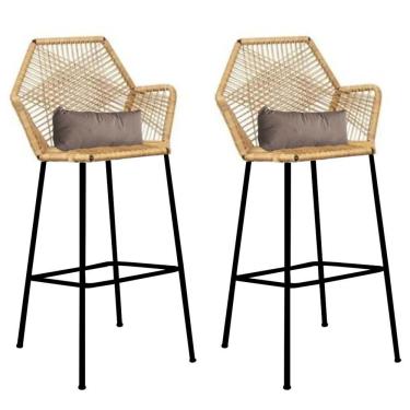 Imagem de Kit 02 Banqueta Alta Sttar Ferro Preto Fibra Palha Almofada Corino Bege