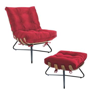 Imagem de Poltrona Do Papai Noel Costela Madeira X Pé Cruzado Com Puff Banqueta Suede Vermelho