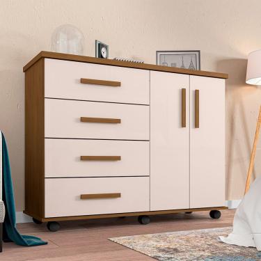 Imagem de Cômoda Geval Encanto Com 04 Gavetas 02 Portas E Rodízios - Amêndoa/Off White - Cor: Bege