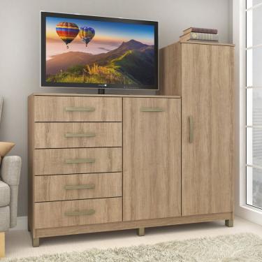 Imagem de Cômoda 2 Portas 5 Gavetas Com Cabideiro E Pés Chicago Mel