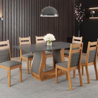 Imagem de Mesa De Jantar Retangular 160x80cm Com 6 Cadeiras Sicilia Mel- Cinza Brilho- Grafite