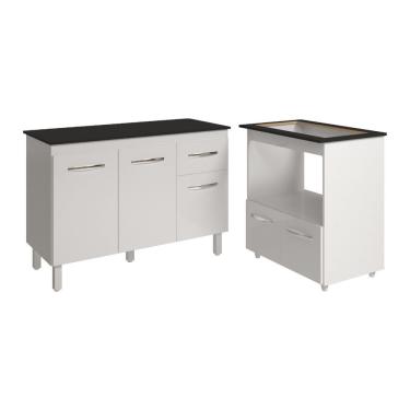 Imagem de Balcão Armário Gabinete Aline 118 Cm Branco Com Tampo Preto E Balcão Evelyn Para Cooktop 5 Bocas Branco