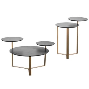 Imagem de Kit Mesa De Centro E Mesa Lateral Para Sala Pés Metálicos Dari A03 Nero Dourado - Lyam Decor