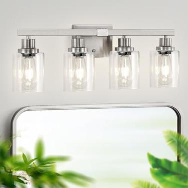 Imagem de DIKAIDA Luminária Para Banheiro, Moderna De Níquel Com 4 Luzes E Cúpula Quadrada Vidro Transparente, Arandelas, Luminárias Parede Espelho, Quarto, Sala Estar, Corredor, Armário