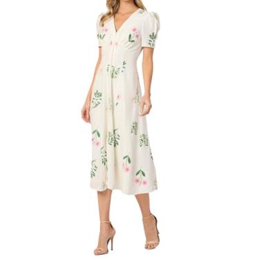 Imagem de Shoshanna Vestido feminino decorado de linho corrina, Marfim/Rosa/Verde, 36