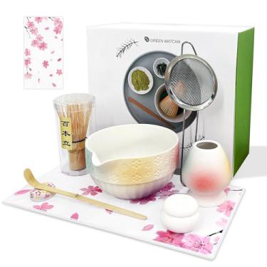 Imagem de Conjunto de batedor Matcha, conjunto Matcha inclui tigela Matcha (530 ml), batedor e suporte Matcha, colher de bambu, descanso de colher, peneira, pote de pó e toalha de chá - Kit Matcha de 8 peças