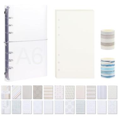 Imagem de Pasta transparente A6 tripla com bandagem, folha solta, 6 anéis, agenda pessoal transparente, diário simples com 45 inserções em branco, 20 papéis para scrapbook, 10 rolos de fitas Washi (A6)