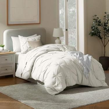 Imagem de Nestl Conjunto de edredom solteiro de 7 peças – cama plissada de beliscar branco em uma bolsa – Conjunto completo de cama de solteiro com lençóis, travesseiros refrescantes, fronha e fronha