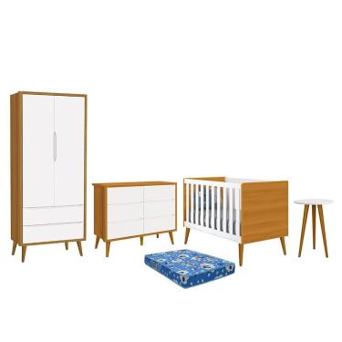 Imagem de Dormitório Theo 2 Portas, Cômoda 6 Gavetas, Berço, Mesa de Canto com Pés Amadeirado e Colchão - Reller Móveis Branco/Savana