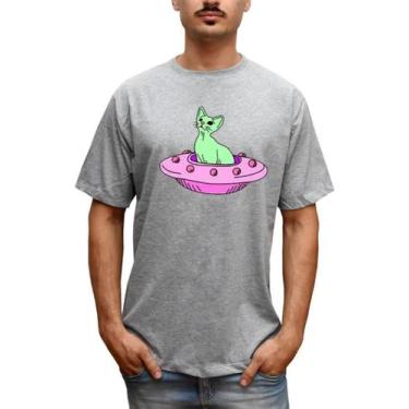 Imagem de Camiseta Masculina Gato Cat Abduzido Nave - Bella Store, Cinza, P, Hom